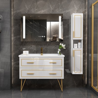 Nordic solid wood bathroom LED light mirror cabinet combination wash basin vanity bathroom smart bathroom furniturer